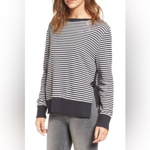 PAM & GELA Womens Stripe Side Slit Sweatshirt Sz Small Vintage Black/White - Picture 1 of 16
